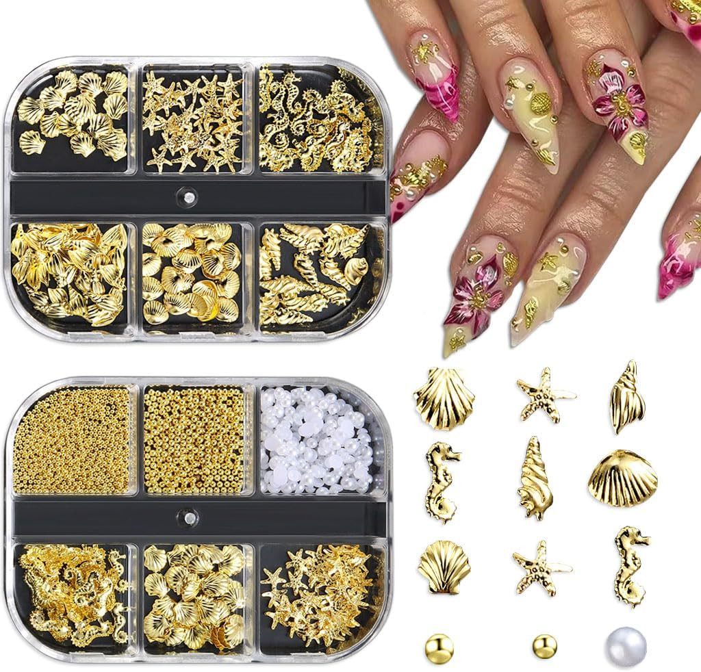 2 Boxes Mixed Nail Art Charms 3D Starfish Seashell Seahorse Conch Design Marine