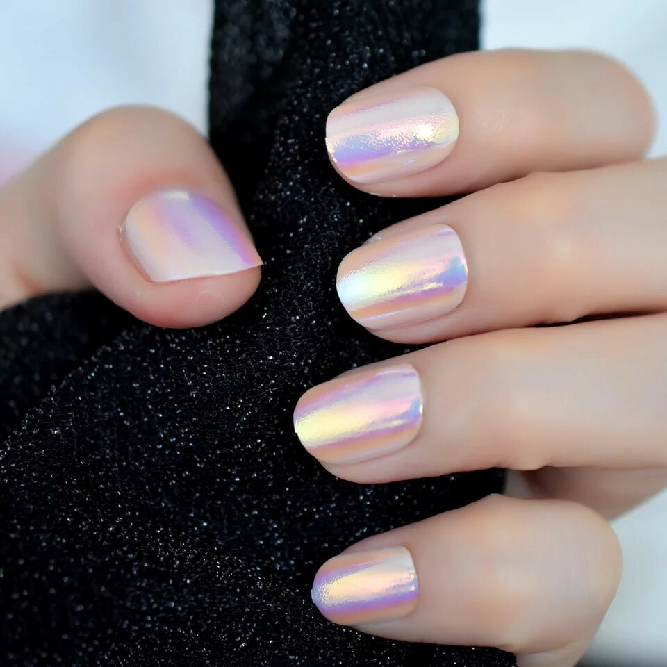 Holographic Press on Nails Pink Purple Metallic with glue unicorn short chrome
