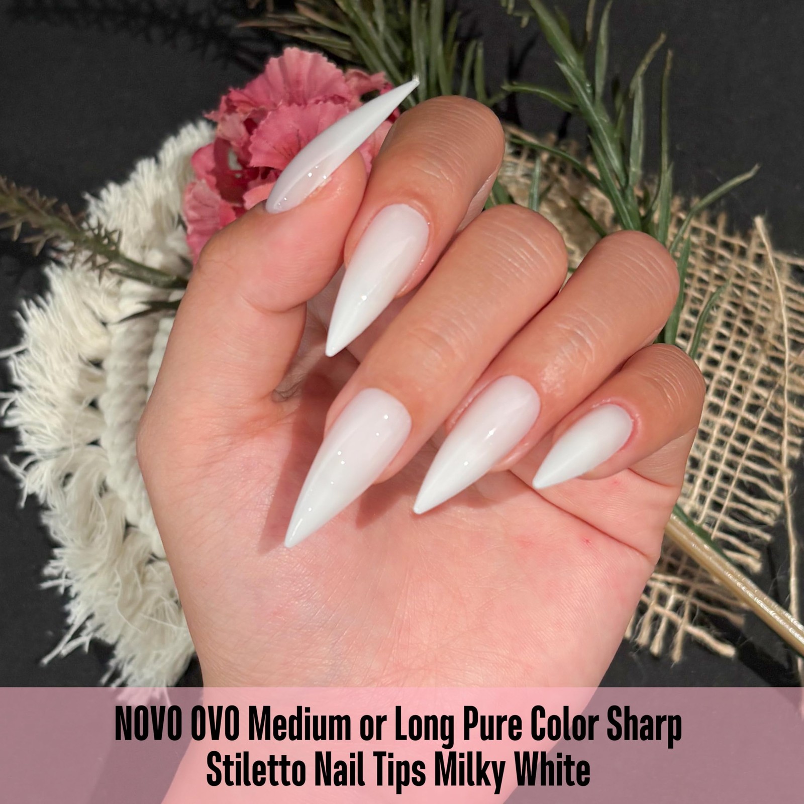 Novo Ovo Medium Long Stiletto Nail Tips White – Pure Color Sharp Pointed Soft