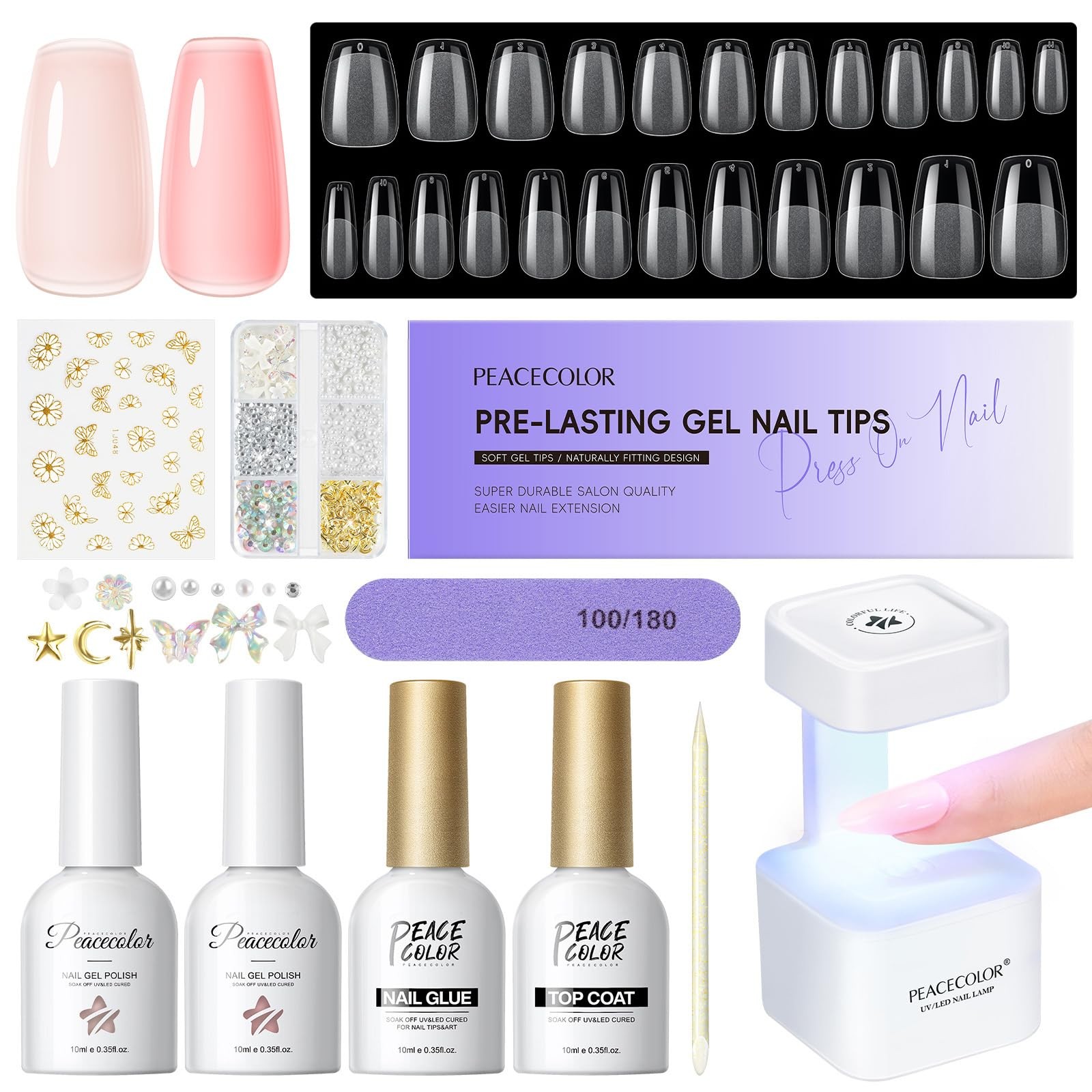 Gel Nail Kit, 240Pcs Short Medium Coffin Nail Tips with U V Lamp 2 Colors Jel…