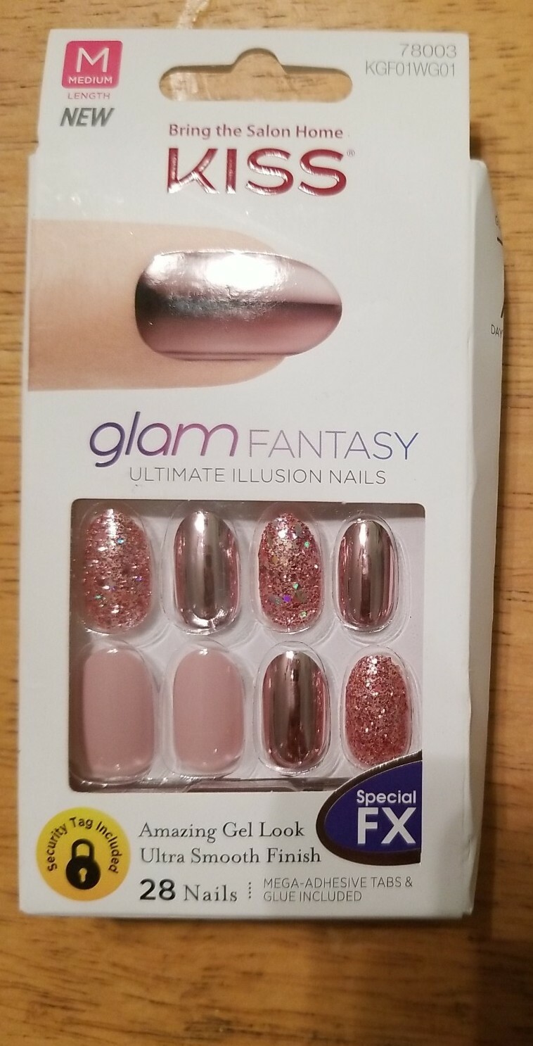 KISS Glam Fantasy Glue Nails Pink Chrome Glitter Medium Length Round Special FX