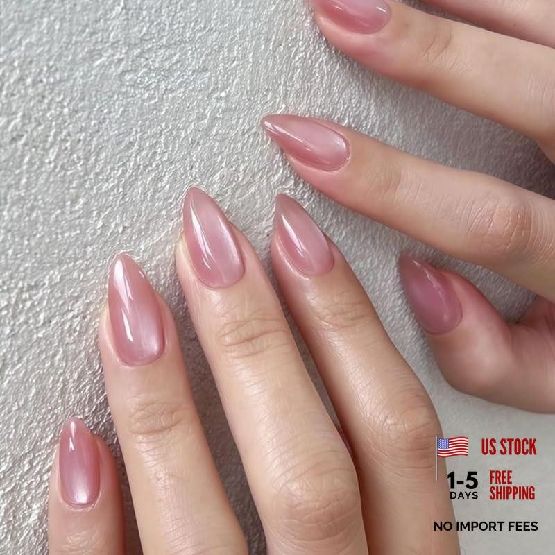 Pink Cat Eye Press on Nails Medium Almond Fake Nails Chrome False Style 12