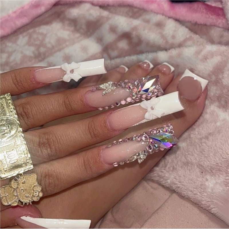 Sweet Leopard Print French 3D Flower Gradient Square Press On Nails 48PCS