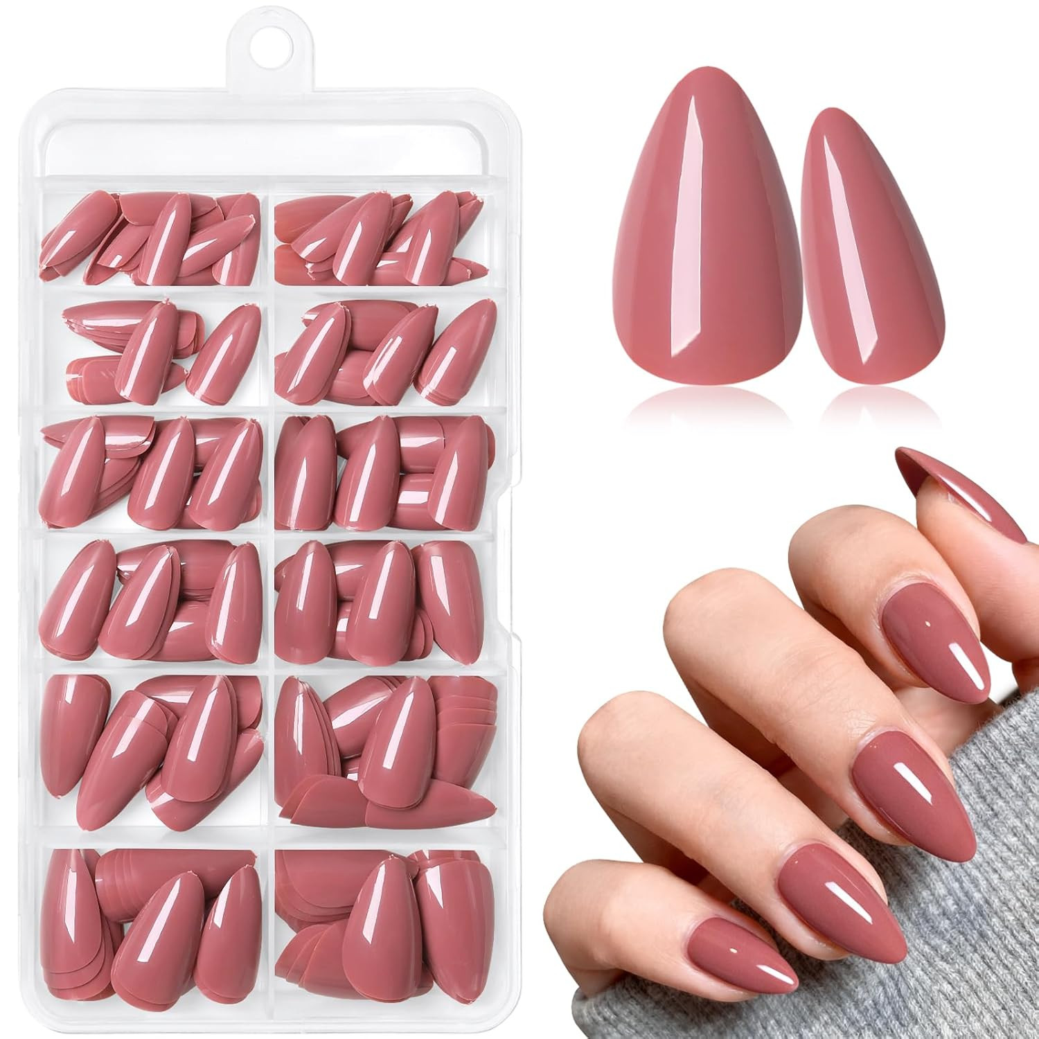 240Pcs Dusty Rose Press on Nails Almond- Short Press on Nail Pink in 12 Sizes fo