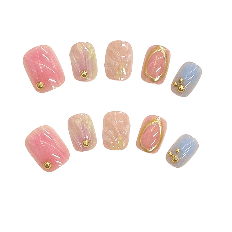 60Pcs Pink Gold Ombre Press on Nails, Short Square Glitter Accent False Nails