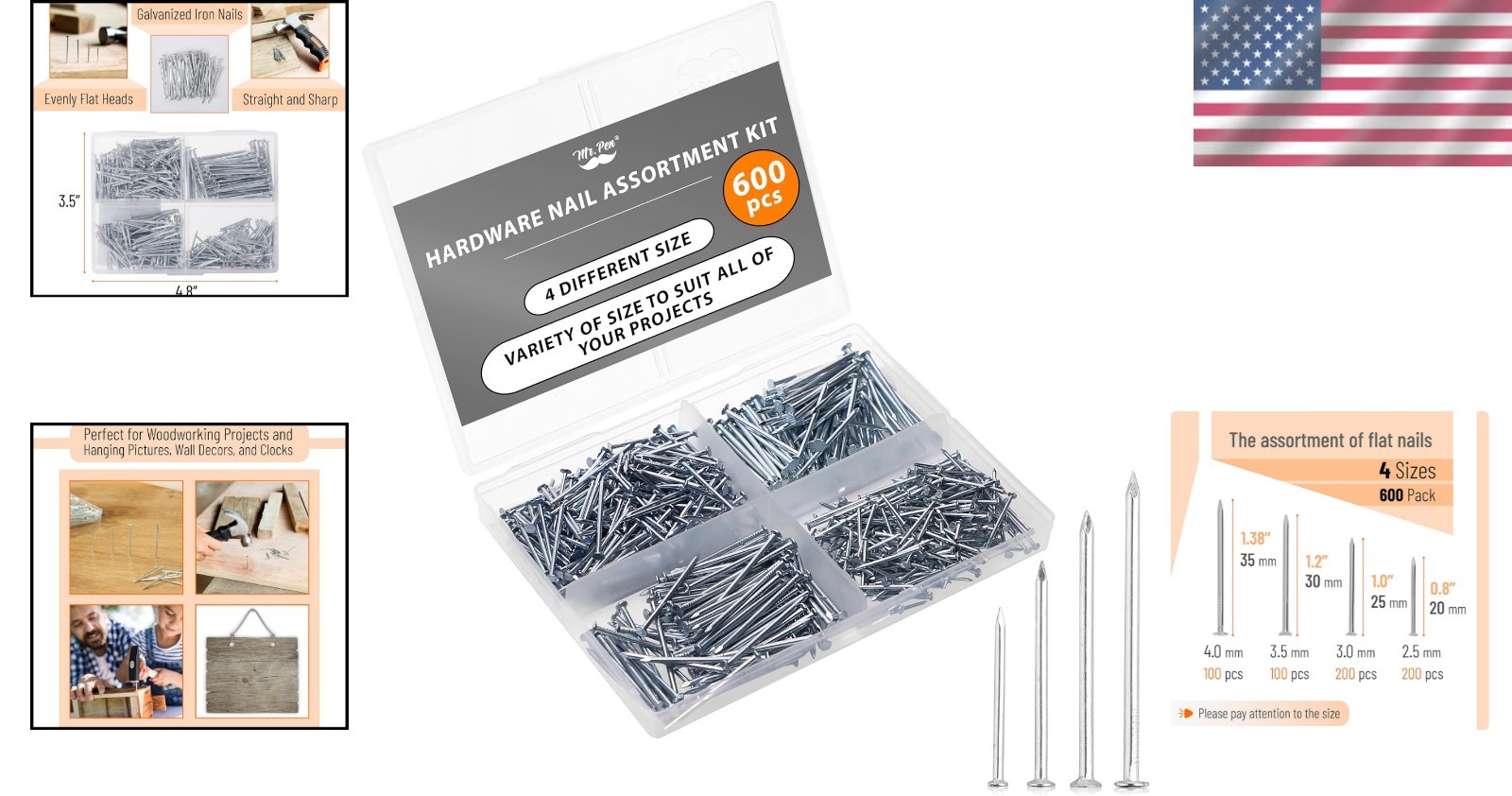 600 Pcs Nail Assortment Kit – 4 Sizes in Durable Silver for Easy DIY Projects