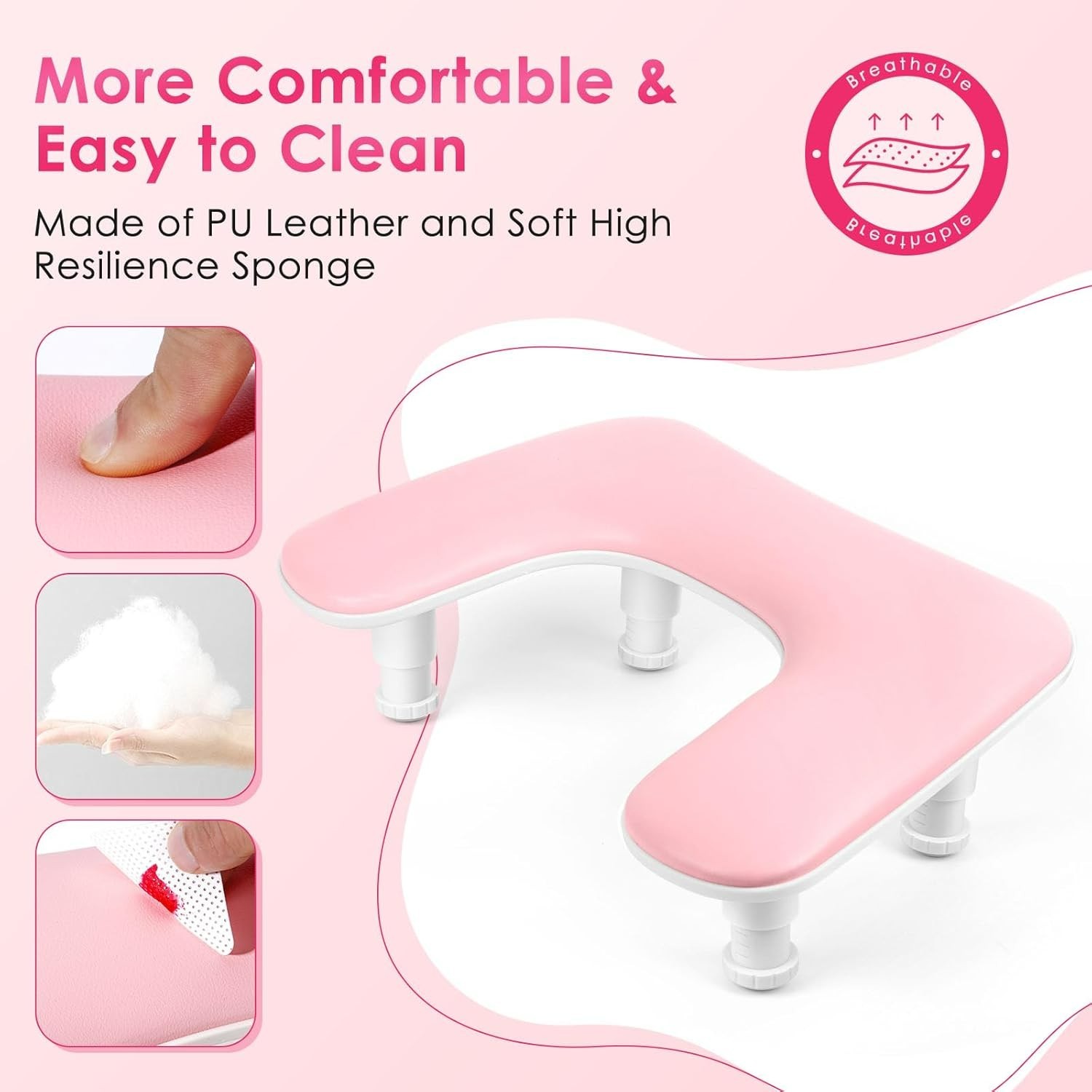 Manicure Arm Rest for Nails Tech: U-Shaped Adjustable Nail Armrest – Pink PU Lea