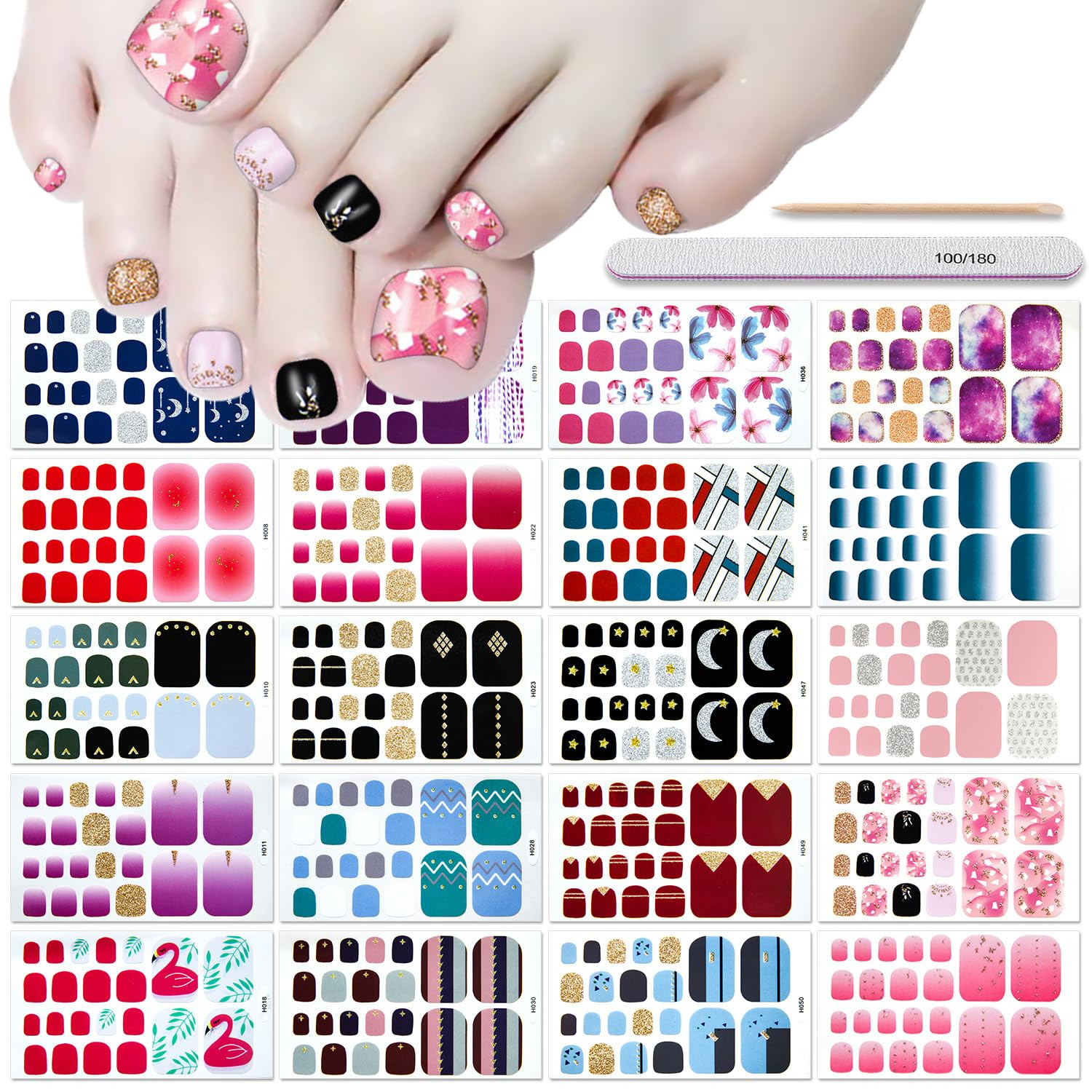20 Sheets Toe Nail Stickers Full Nail Wraps Self Adhesive Toenail Polish Stri…
