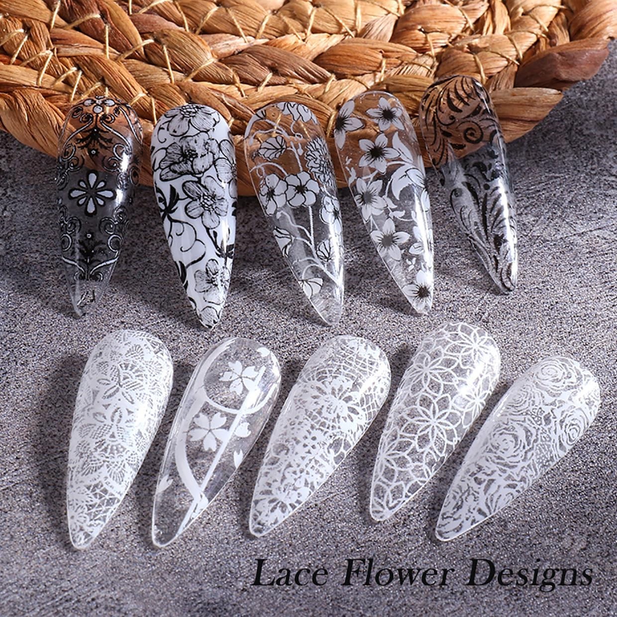 10 Rolls Lace Nail Art Foil Transfer Black White Flower Foil Transfers Decals