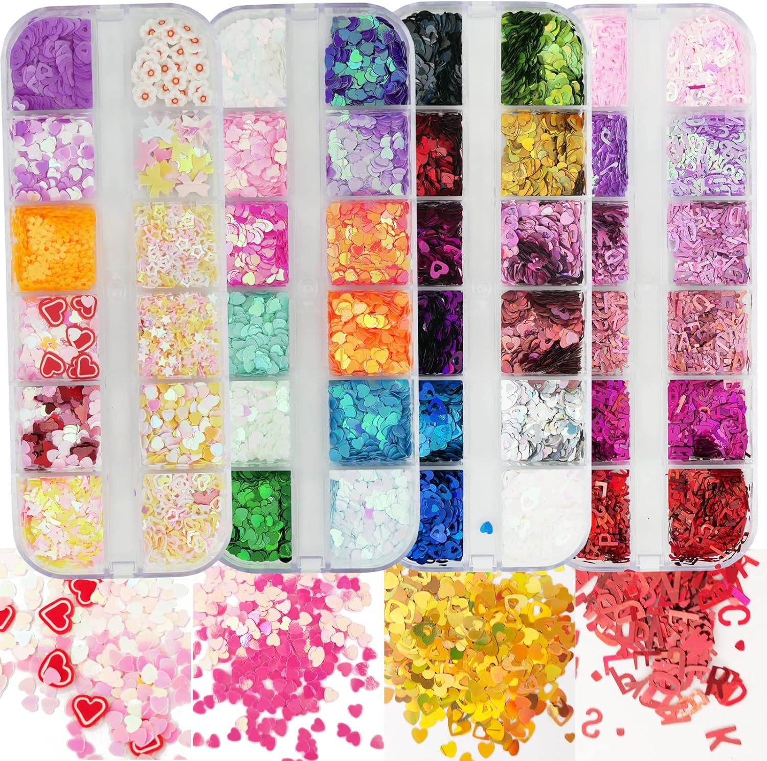 4 Boxes Holographic Nail Glitter Mixed Iridescent Glitters Sequin Flakes Heart L