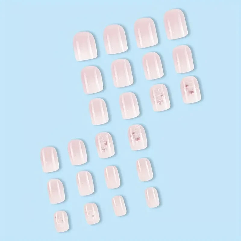 24Pcs/set Glossy Short Oval Press On Nails White And Pinkish Gradient Flower