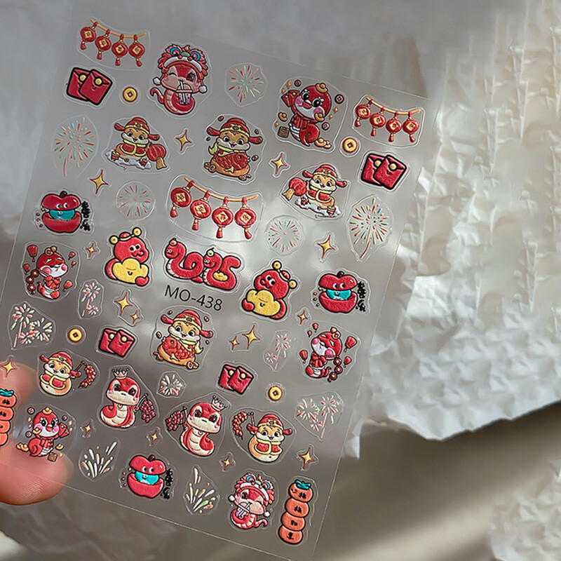 Red Chinese Knot Firecracker 3D Self Adhesive Nail Art Stickers New Year Lovely