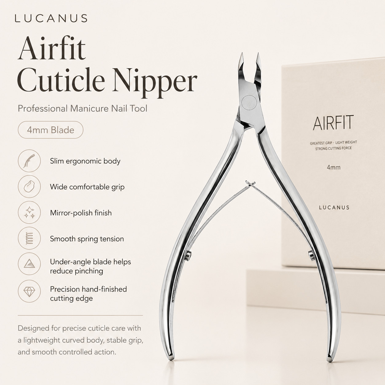 LUCANUS Airfit Cuticle Nipper 4mm Anti-Pinch Professional Manicure Nail Tool