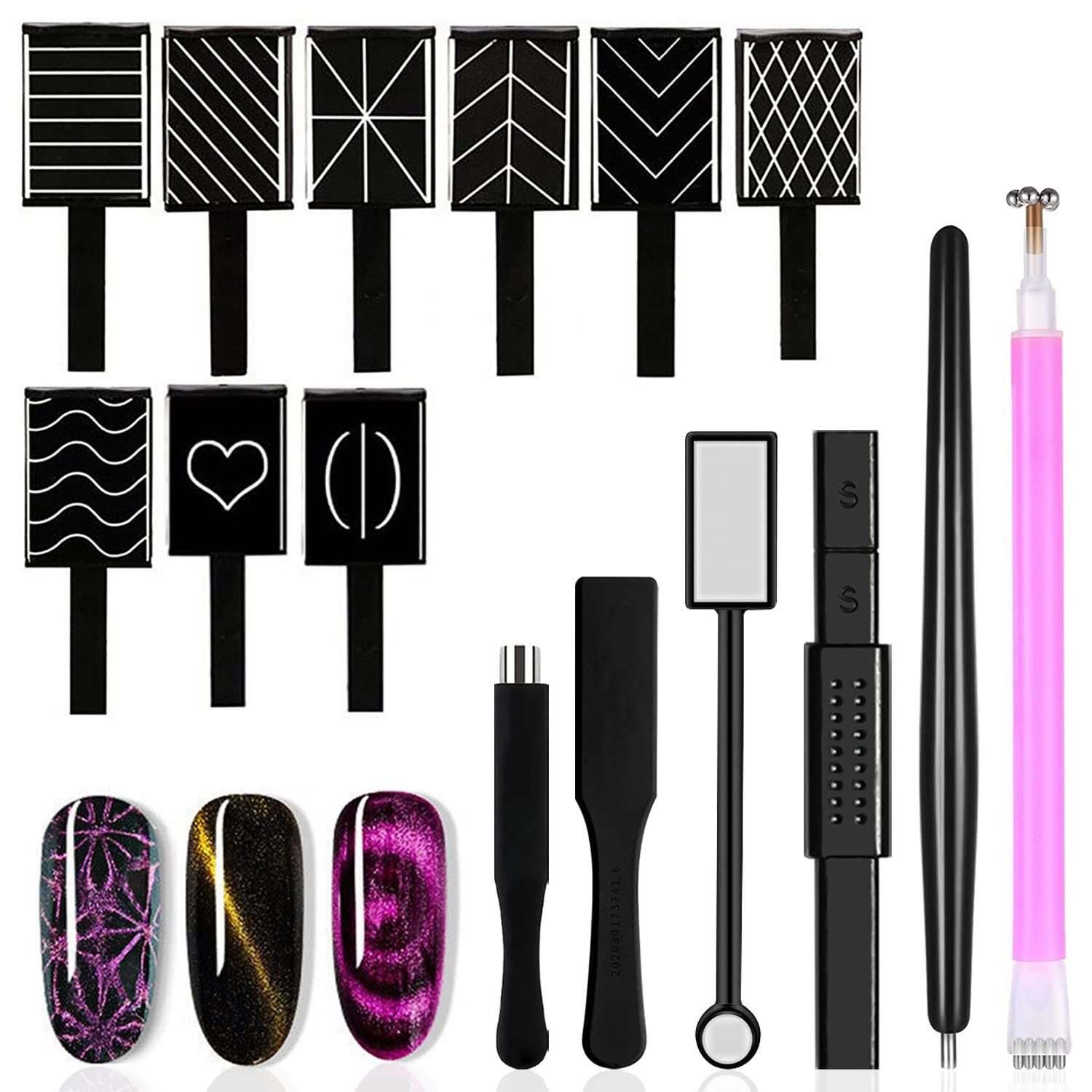 SILPECWEE 15Pcs Nail Magnet Set Cat Eye Gel Nail Polish Magnet Wand Magnetic Nai