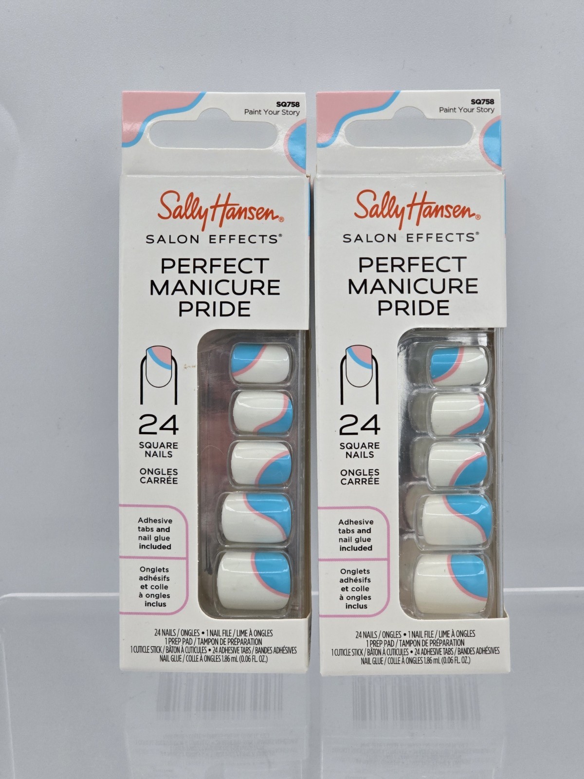 2 Lot Sally Hansen Perfect Manicure Press-On Nails – Square – Pink, Blue, White