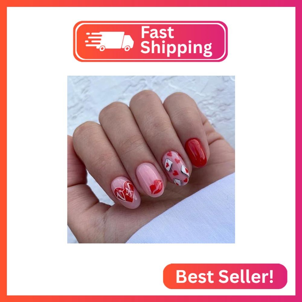 LBPEPAMZ Valentine’s Day Press on Nails Short Round Fake Nails with Love Heart D
