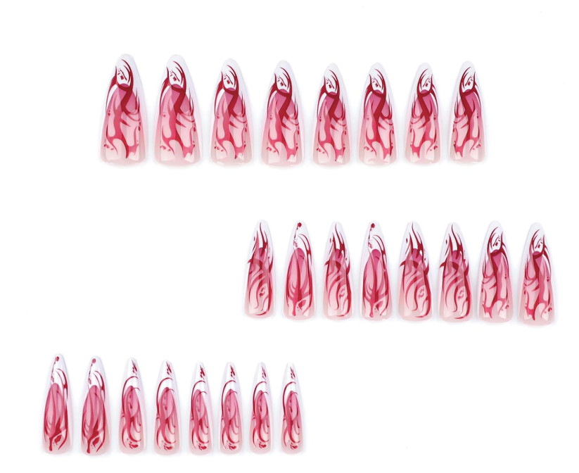 24 PCS Long Almond Acrylic French Tip Nails w/ Red Flames w/Sticky Tab Glue