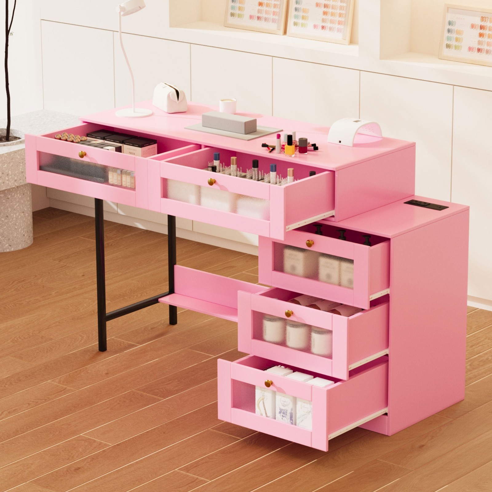 Pink Manicure Table Nail Desk Nail Table Beauty Salon Station w/Storage Drawers