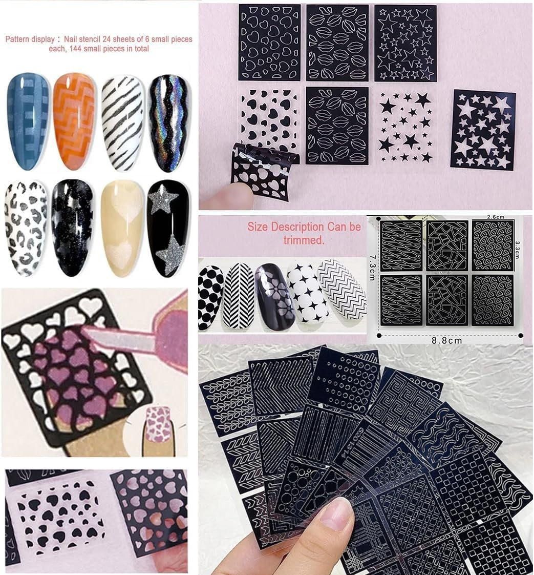 144-Design Airbrush Nail Stencil Set – DIY Nail Art Stickers & Decals for Hom…