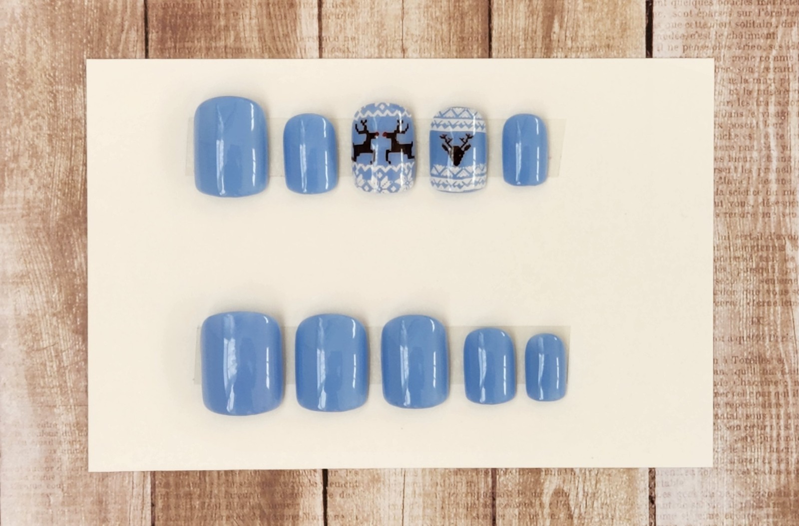 Custom Press On Handmade Gel Nails Blue Deer Sweater Accent Square Short 20 Tips