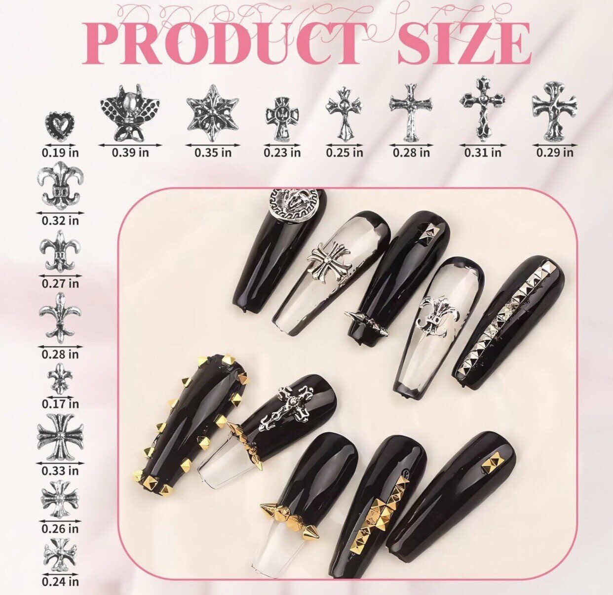 150Pcs 3D Nail Art Charms Vintage Silver Metal Chrome Punk Gothic Crosses Stars