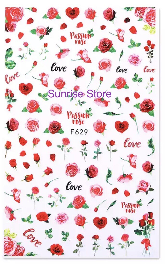 3D Nail Art Sticker Red Rose Flower Floral Decal Manicure Peel &Stick