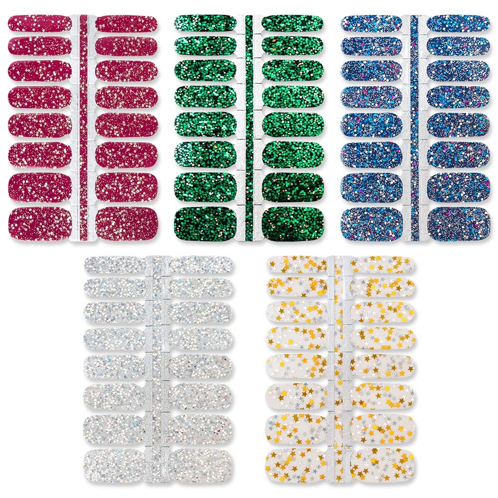 5 Sheets Nail Polish Strips Set with 1pc Nail File Glitter Sequins Design Gel…