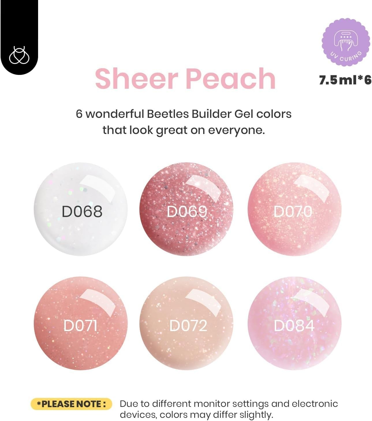 Beetles Builder Gel Set,6 Colors Glitter Shimmer 7 in 1 Nude Pink White Nail Thi