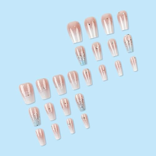 24Pcs Medium Press on Nails Blue White Gradient Press on Nails Medium Square W5