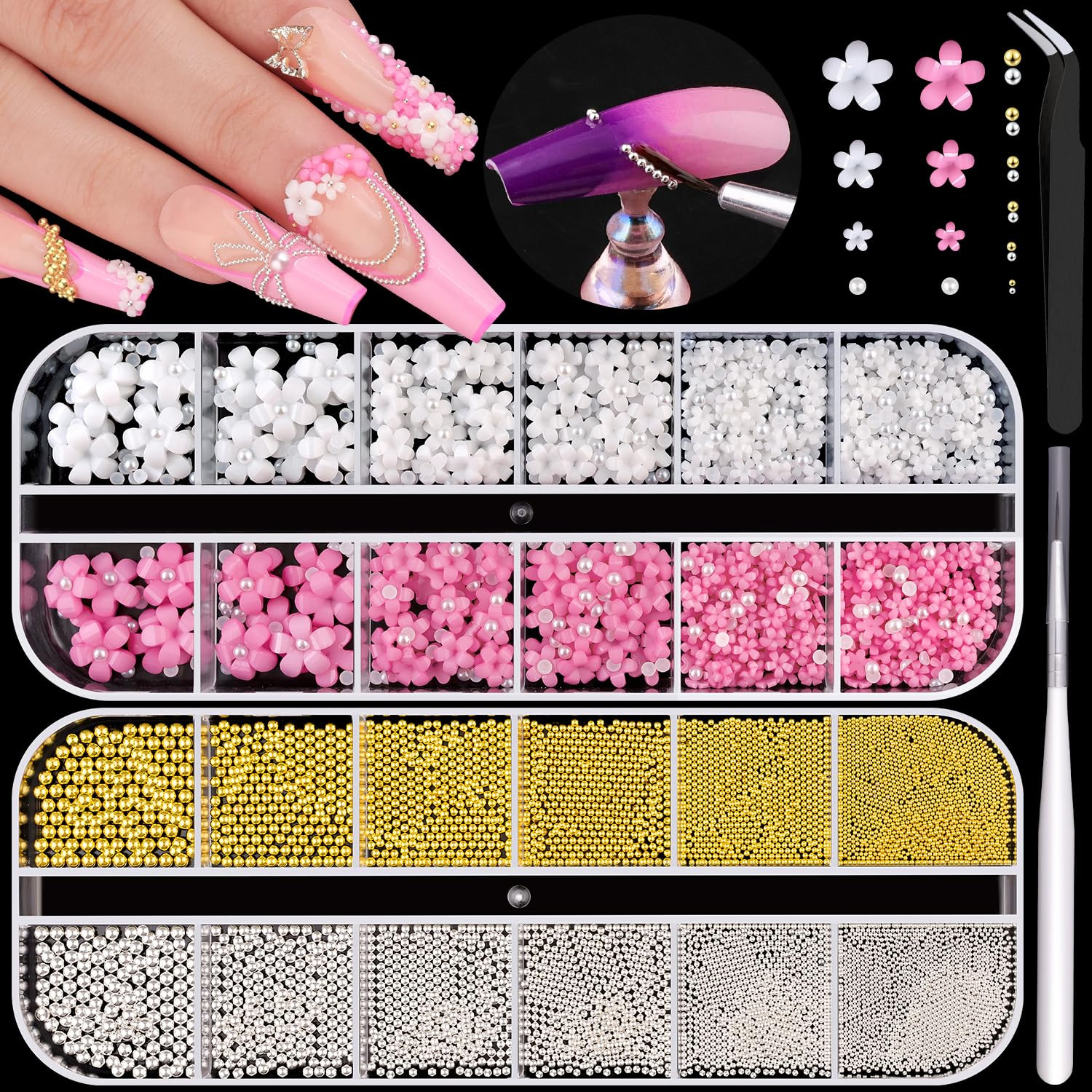 2 Boxes Metal Nail Beads (Silver+Gold) and 3D Flowers for Nail Art, Flatback Pea
