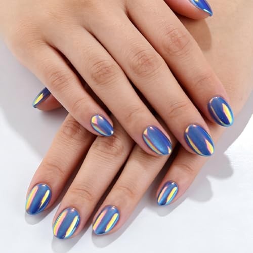 32Pcs Chrome Press on Nails Short Almond Fake Nails Blue Cat Eye False Style 3
