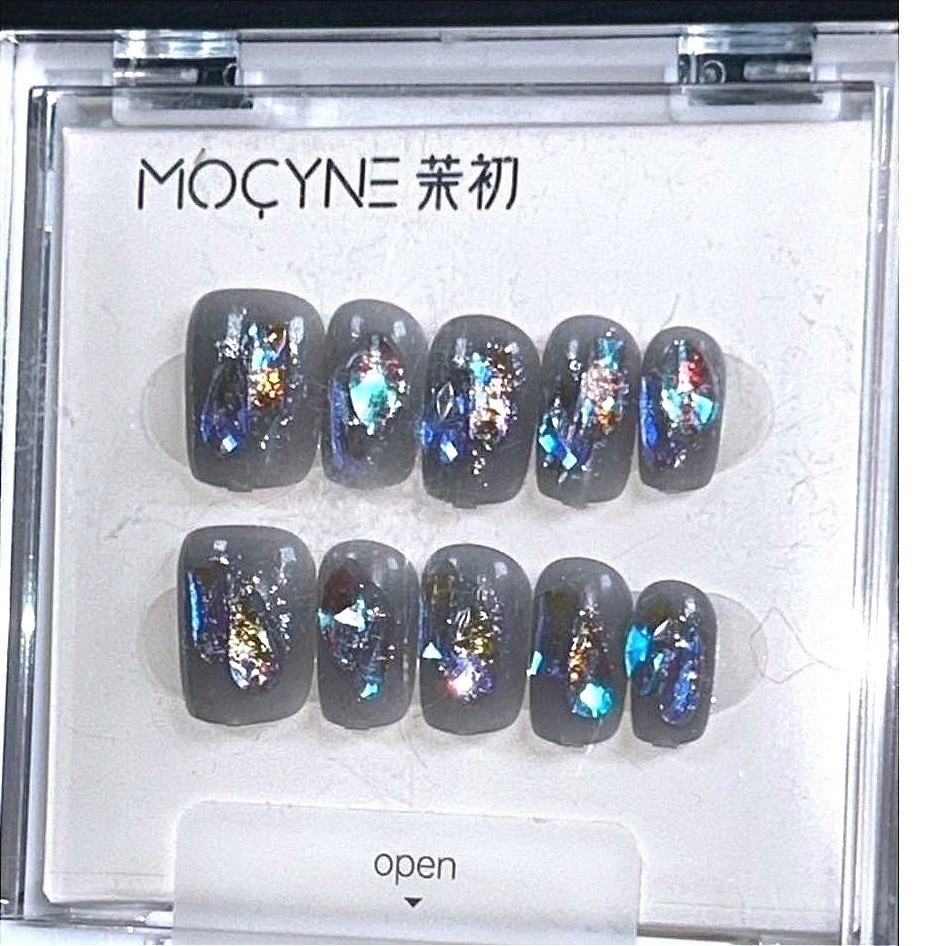 Mocyne Press On Nails Black Chrome Glitter Short Square Glam