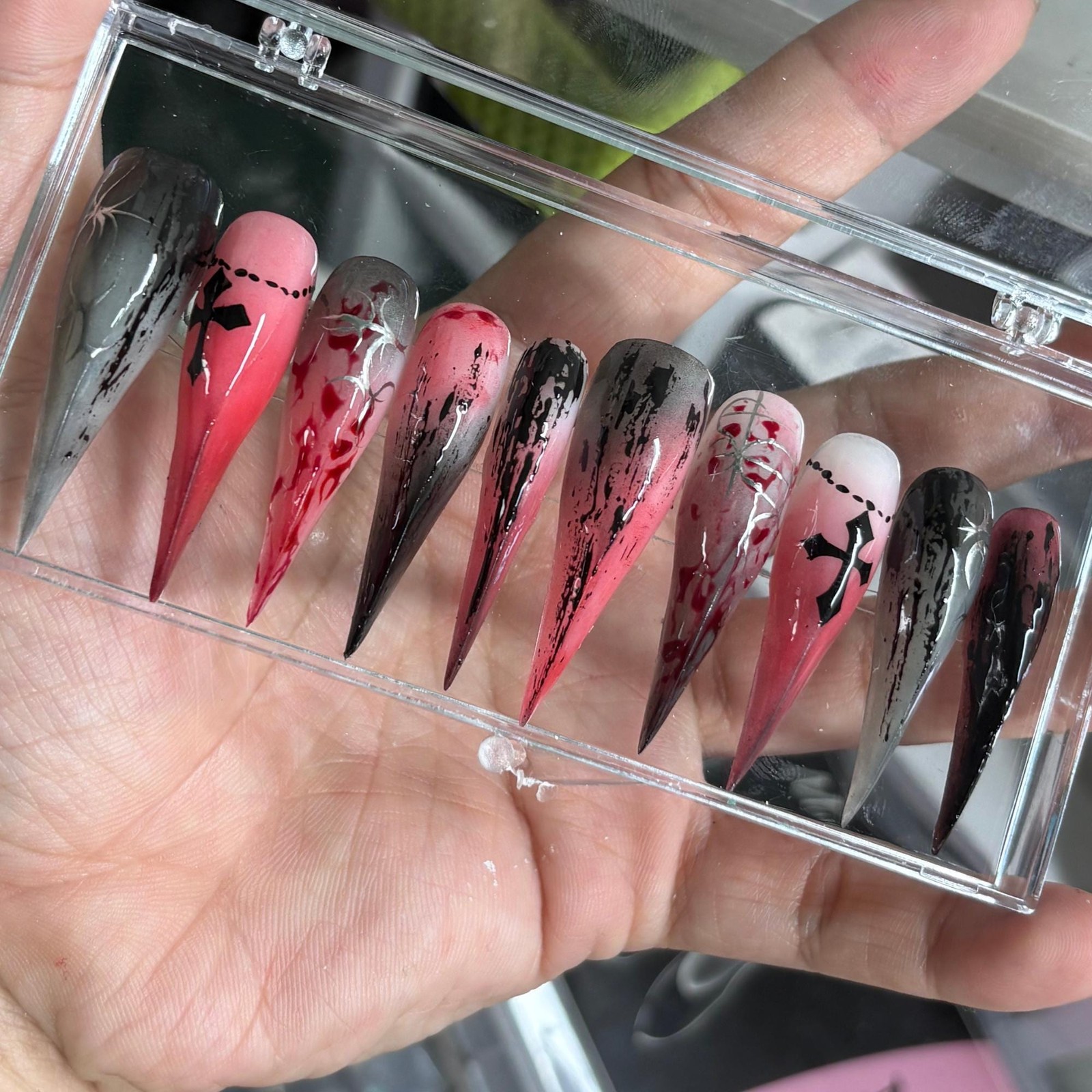 Custom Handmade Halloween Gothic Blood Splash Cross Stiletto Press on Nails