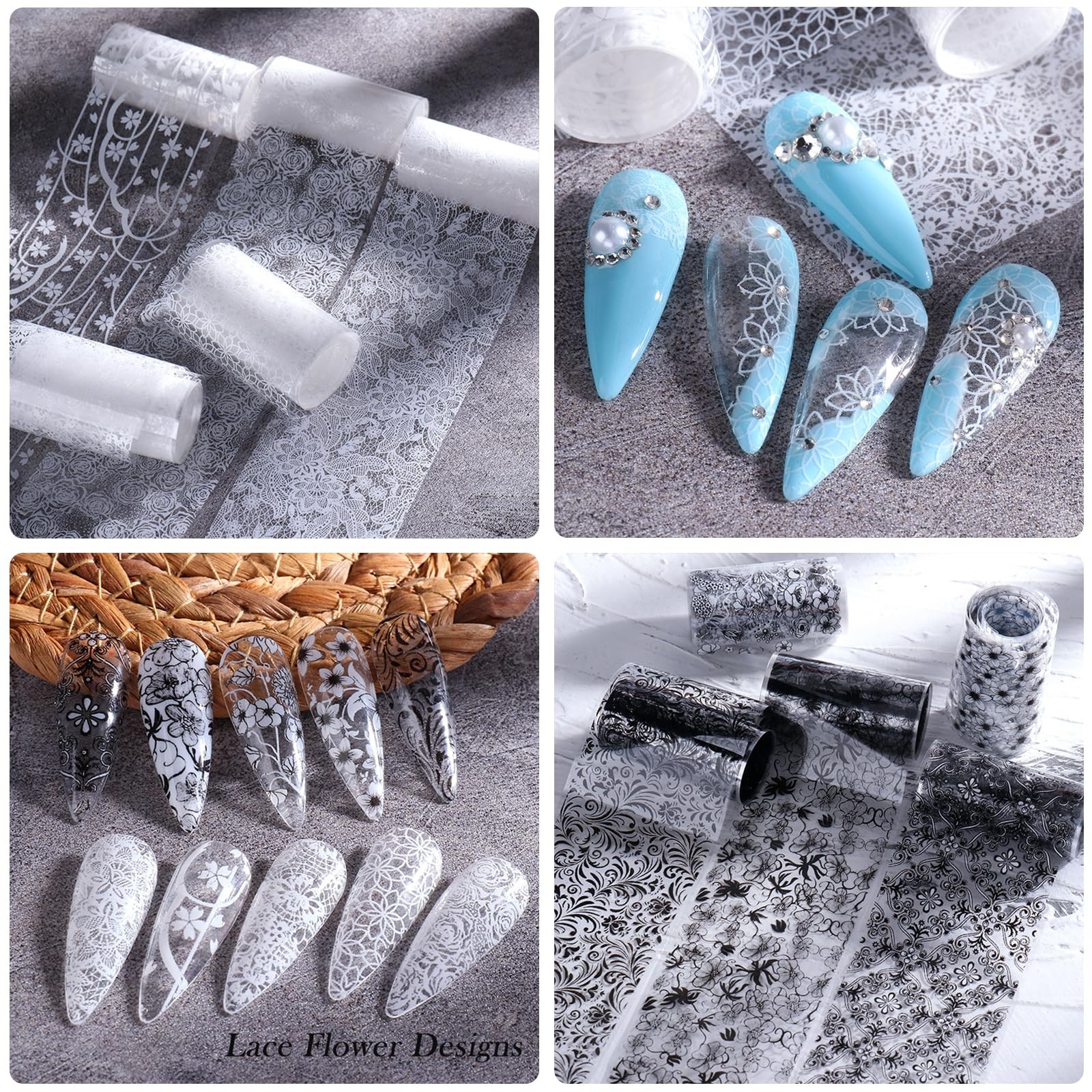 10 Rolls Lace Nail Art Foil Transfer Black White Flower Foil Transfers Decals
