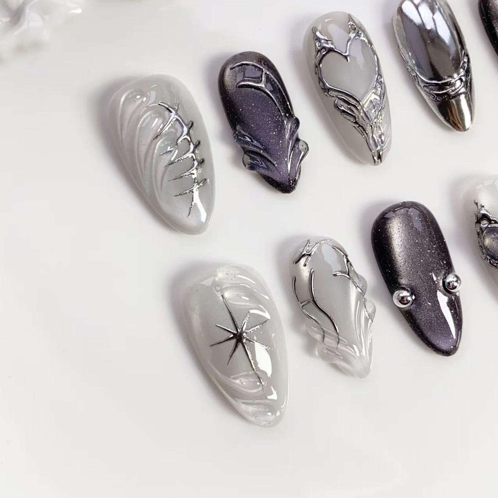 Handmade Dark Purple Silver Metal Heart Star Medium Almond Press on Nails