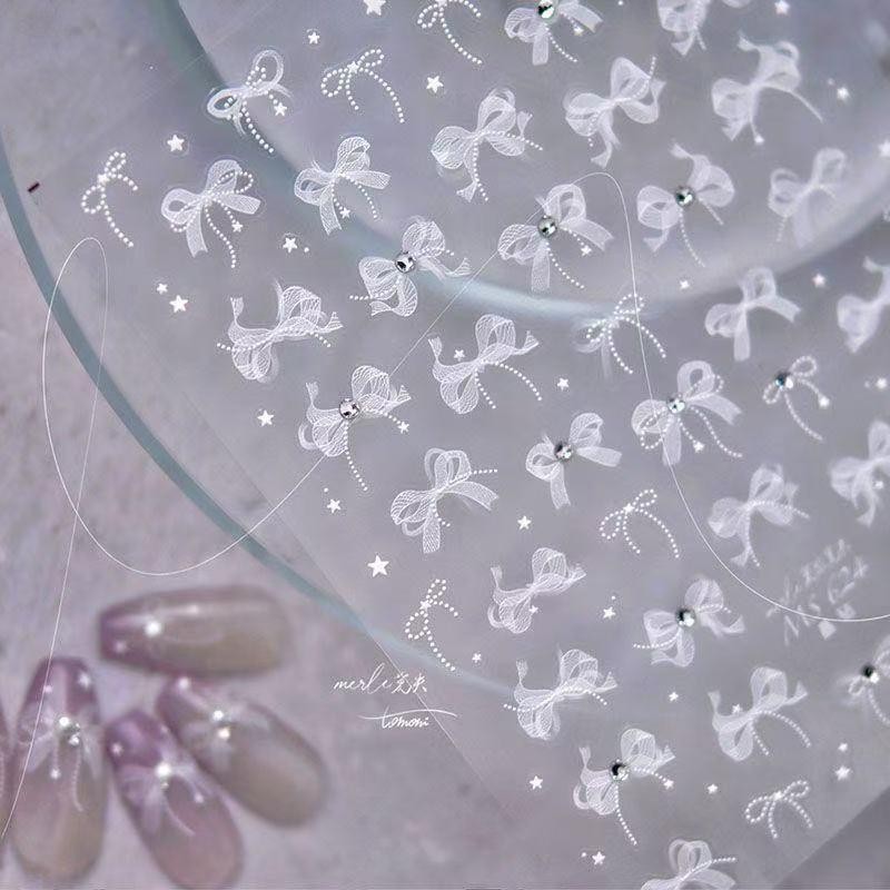 DIY Nail Art Stickers, White 5D Lace Bows with Pearls & Crystals – Self-Adhesive