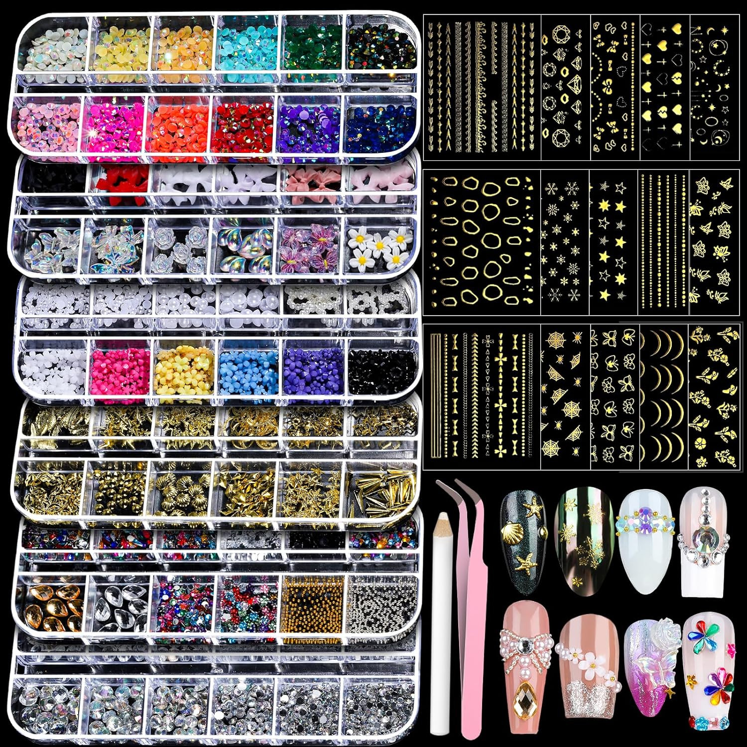 Nail Art Kit Charms Rhinestones Pearls Stickers 3D Decorations with Tools