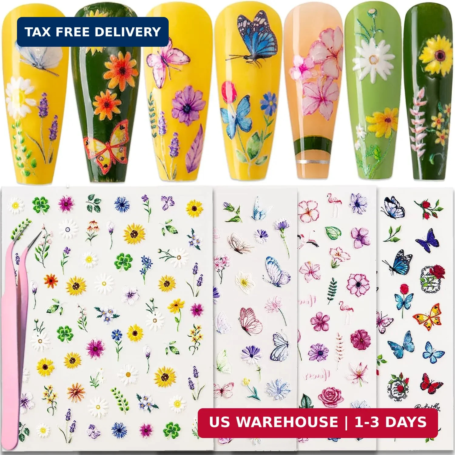 Gel Nail Stickers for Nail Art: 5D Embossed Summer Flower Nail Decals 4Pcs | Adh
