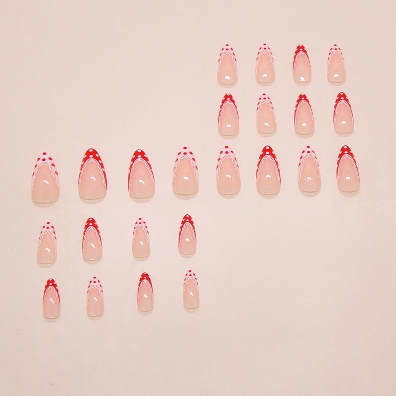 Red Polka Dot French Press On Nails Short Almond Fake Nails Reusable Nail Tips