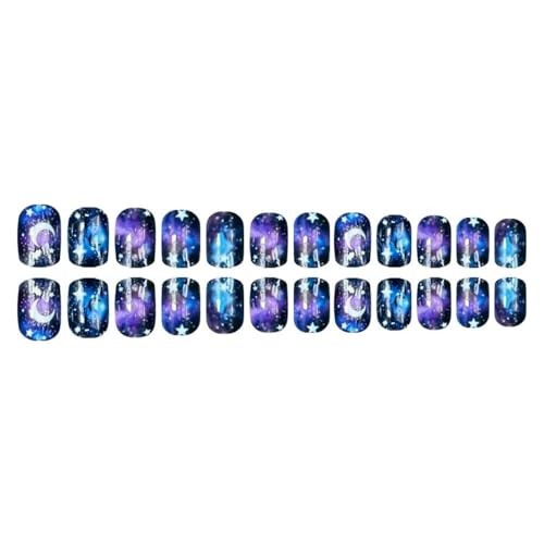 24Pcs Dark Starry Sky Press on Nails – Short Square Fake Nails with Moon a11