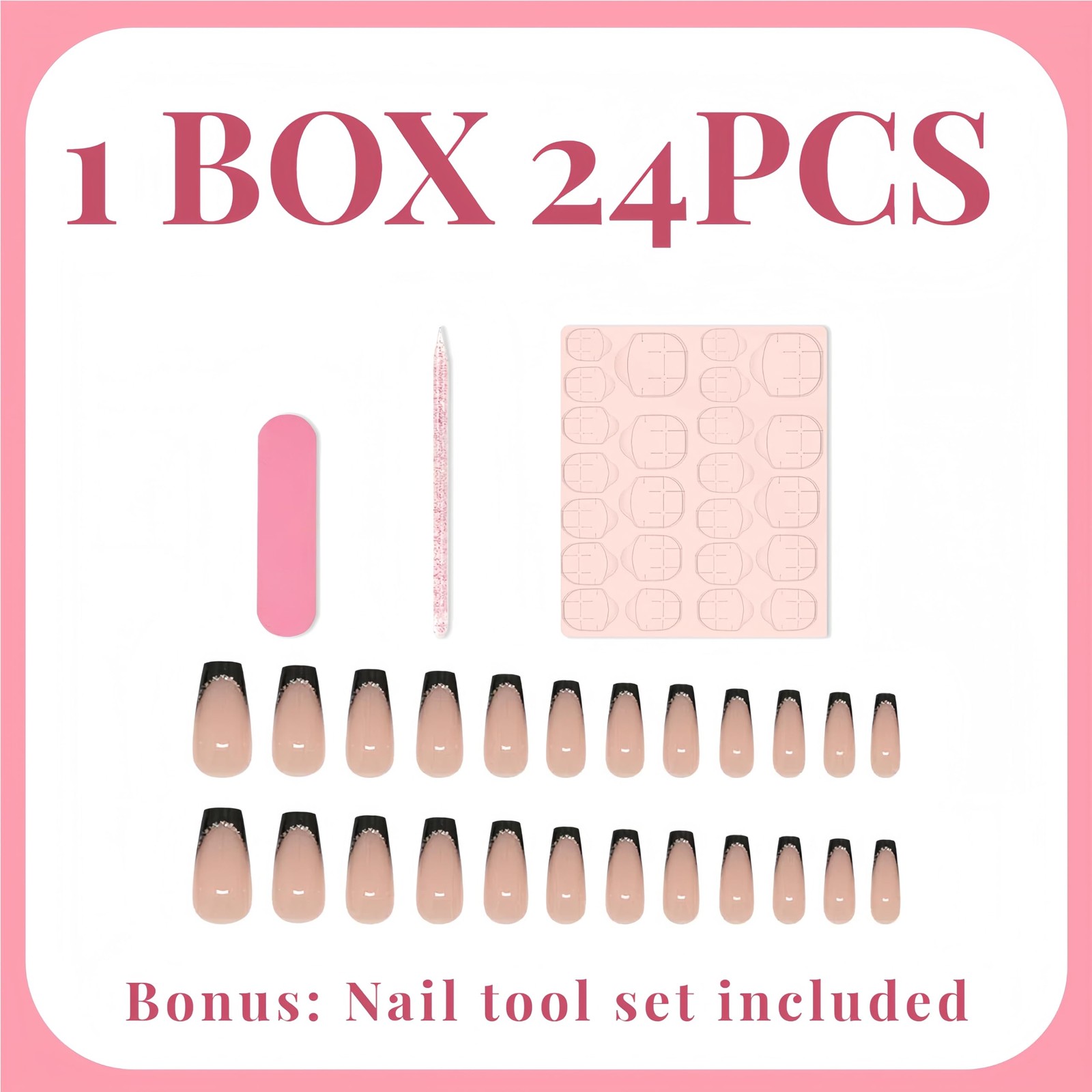 24Pcs Black French Tip Press on Nails Medium Length Square Fake Nails with Gl…