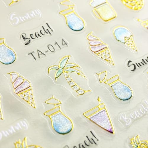 2 Sheets Gold Nail Art Stickers Decals 5D Embossed Self-Adhesive Summer Beach
