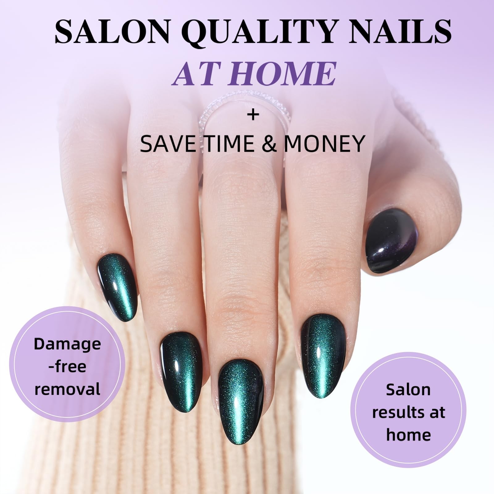 Emerald Green Cat Eye Press On Nails, Short Almond Reusable Soft Gel Nails | …