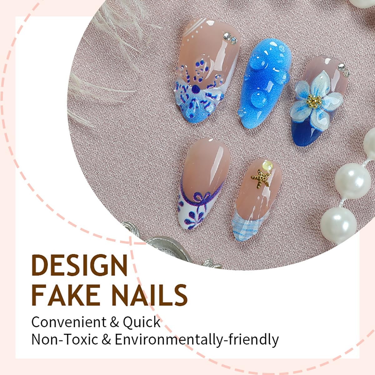 30Pcs Summer Beach Press On Nails Medium Almond French Tip Blue Ombre Fake Na…
