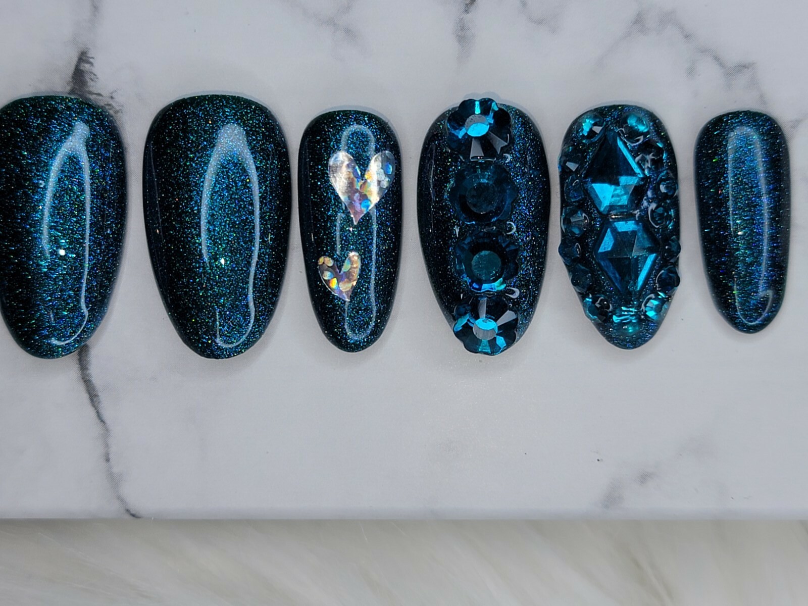 Dark green teal nails bling medium natural oval press on nails apres tips hearts