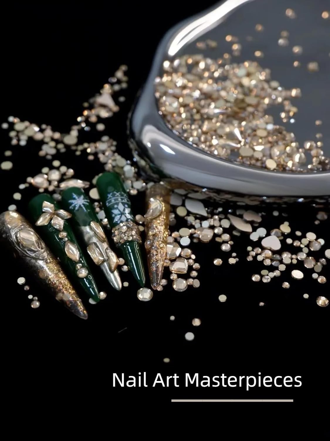 6080Pcs Gold Nail Art Rhinestones Kit 3D Flatback Crystal Diamonds Gems + Tweeze