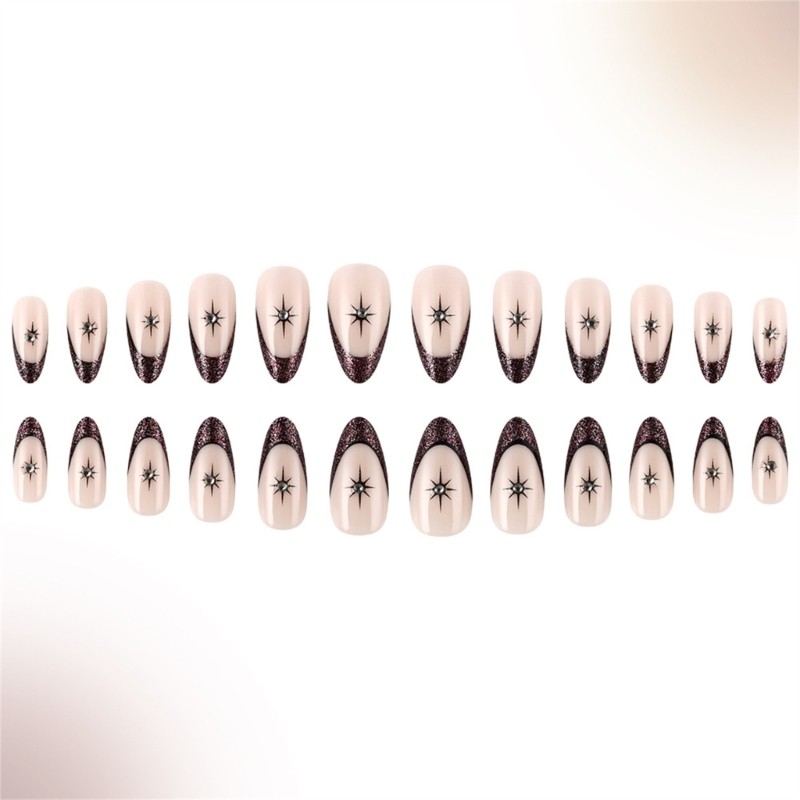 24 Pieces Short Length Almond Press On Nail Glitters Star Designs French Tip