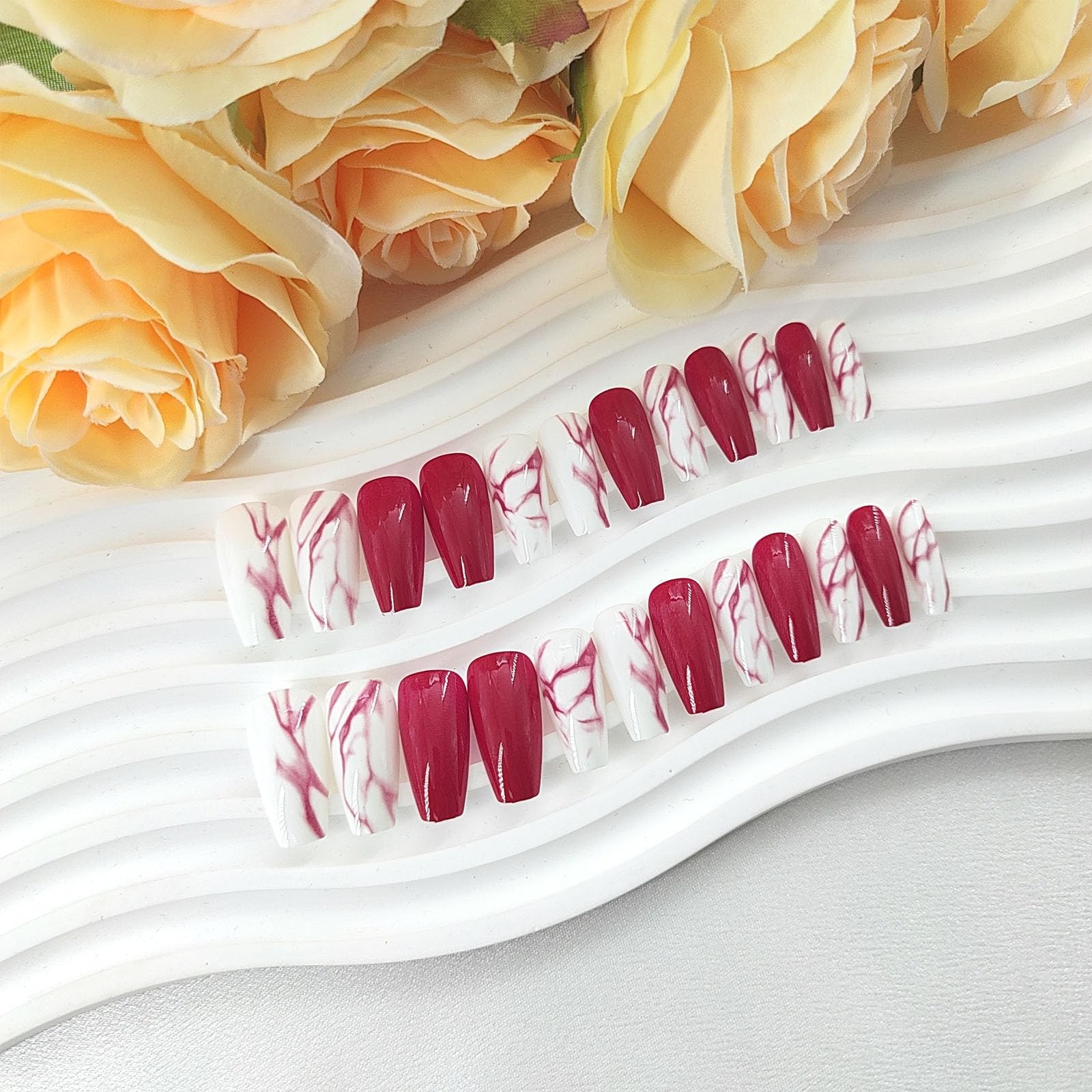 Coffin Press on Nails Medium Glossy Fake Nails with Lines Gradient Design Glu…