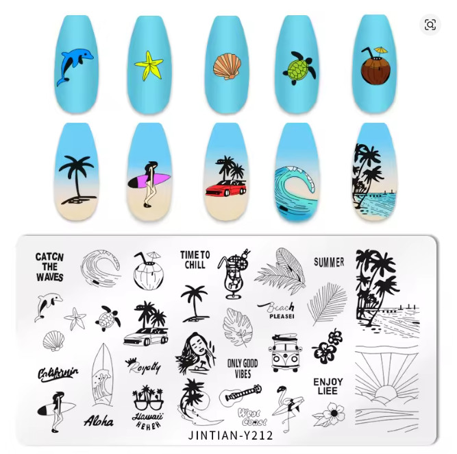 Nail Stamping Plate -JinTian Y-212 – Beach, Ocean, Summer Vacation – New