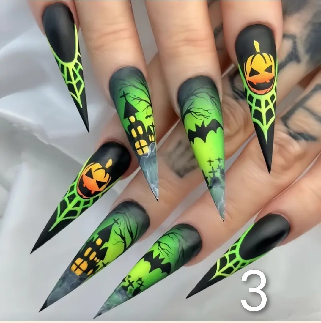 HALLOWEEN FAKE FAUX Nails Press On Green Black Spiderwebs Pumpkin Bats